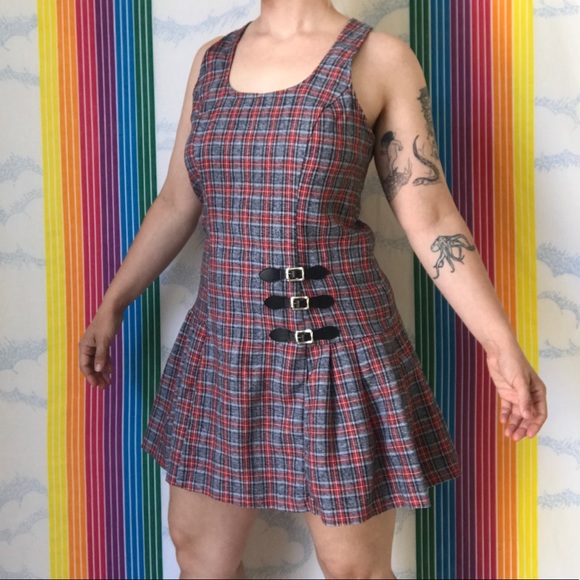 Vintage Dresses & Skirts - Y2K red black plaid pleated skater dress trendy